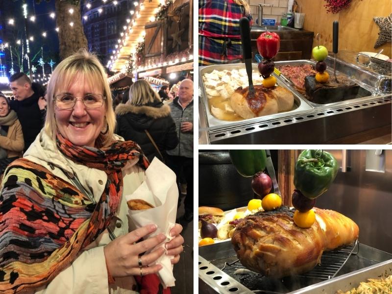 Festive foods at a Christmas market in London in December.