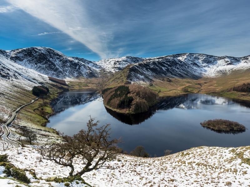 Lake District lake and mountains with snow.