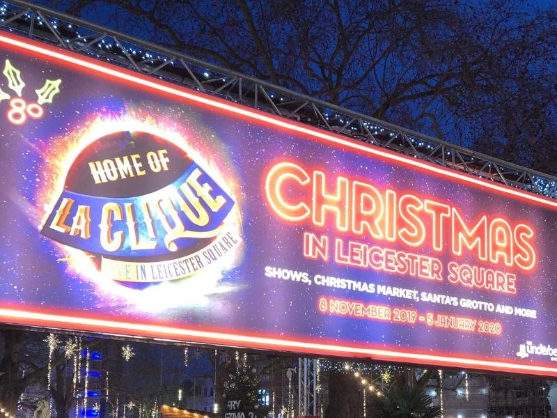 Sign for Leicester Square Christmas market in London in December.
