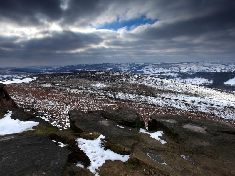 Peak District in winter with snow.