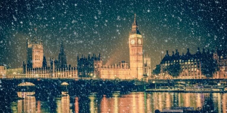 Snowy London scene.