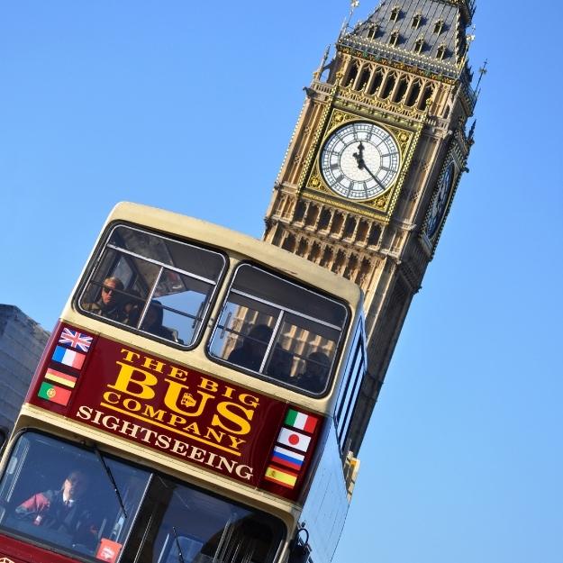 The Big Bus tour bus with Big Ben in the background.