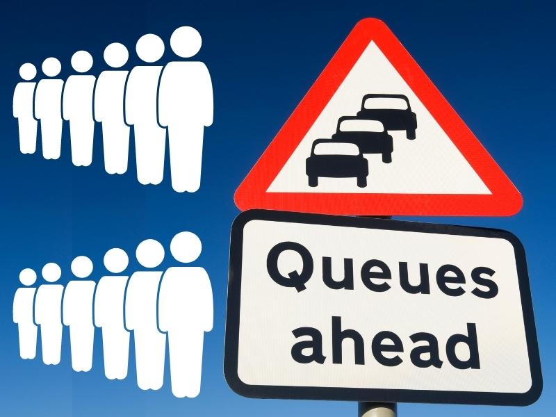 Sign saying queues ahead and images of people in a queue.