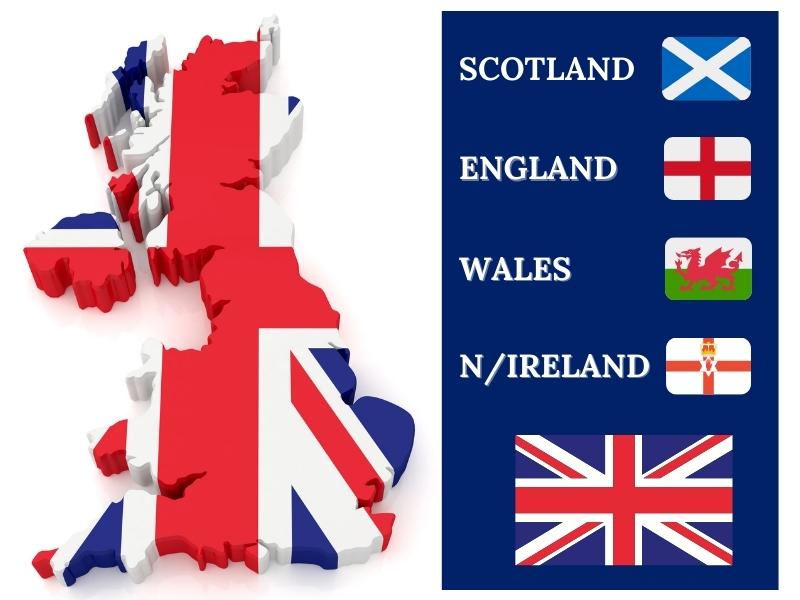Flags of England, Scotland, Wales and Northern Ireland and a map of the UK.