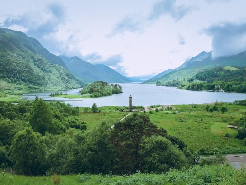 View over the Glenfinnan monument in Scotland.