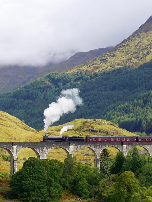 The Jacobite train crossing the Glenfinnan Viaduct.