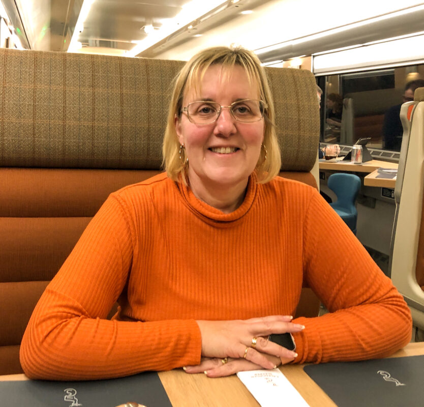 Tracy Collins in the lounge of the Caledonian Sleeper.