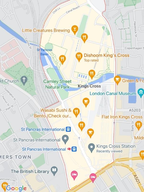 Map of London showing attractions and  hotels near Kings Cross Station London.