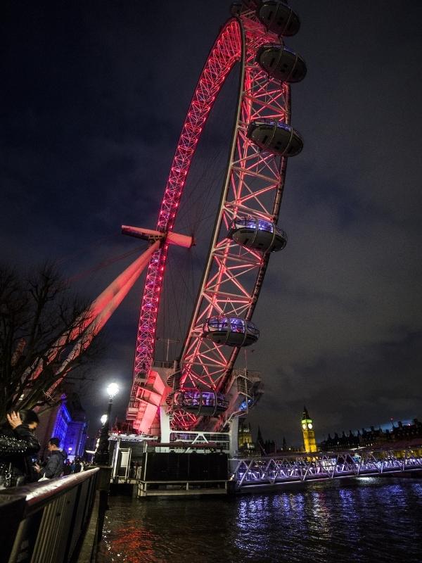 London Eye lit up at night.