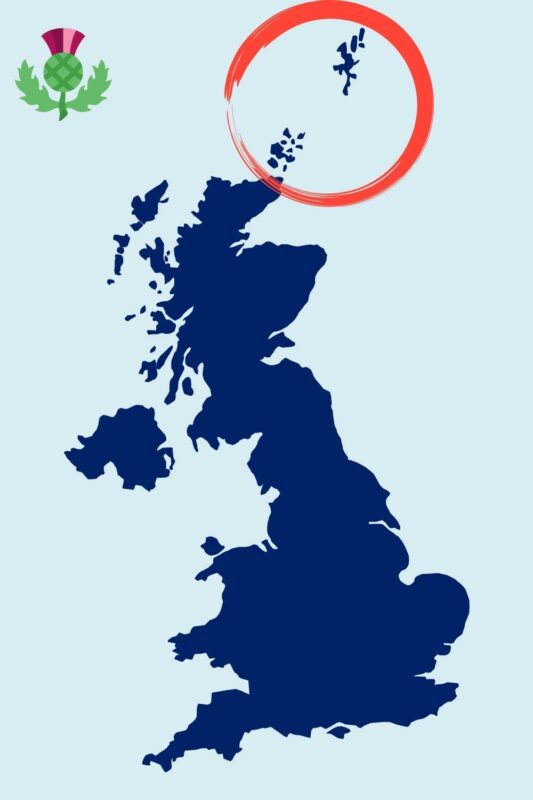 Map showing the regions of Scotland with Orkney and Shetland ringed in red.