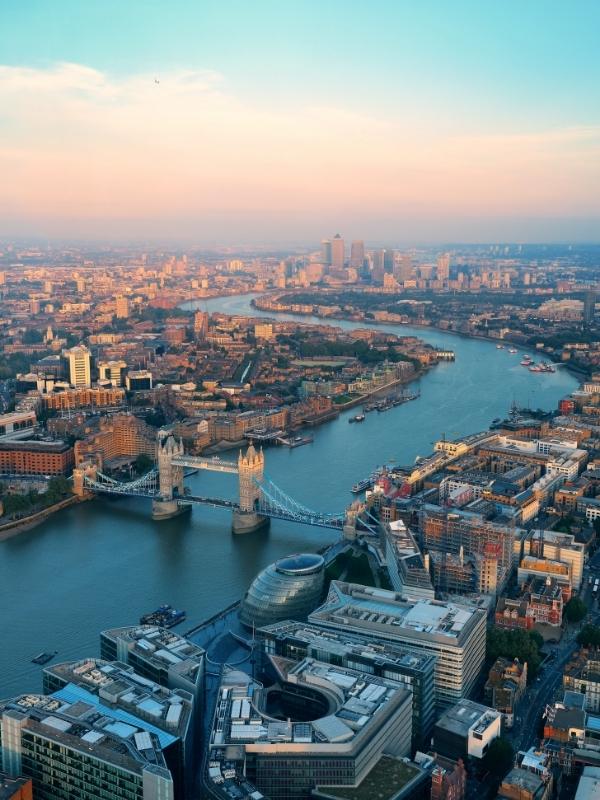 View of London from above with Tower Bridge.
