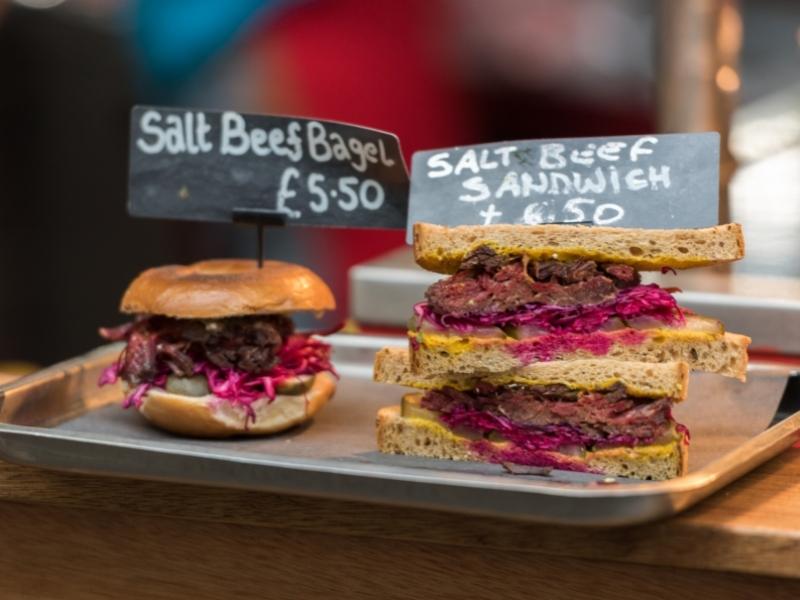 Salt beef bagel and salt beef sandwich at Borough Market in London.