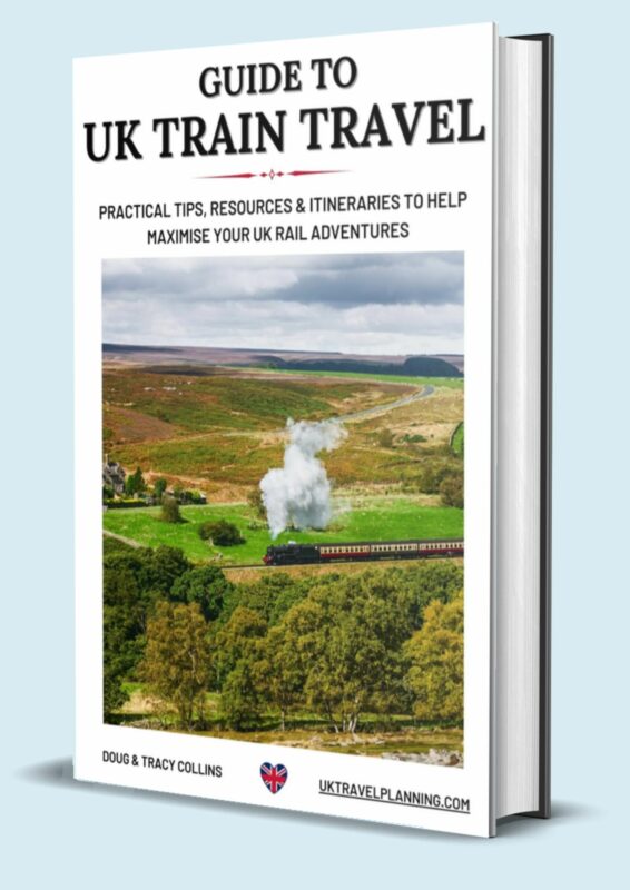 Episode 11 of the UK Travel Planning podcast mentions the UK Train Travel Guide shown in this image.