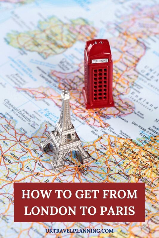 How to get from London to Paris - a map of London with a red phone box and a map of Paris with the Eiffel tower