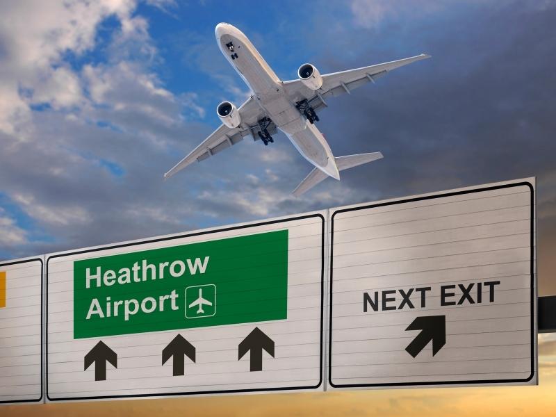 View of an aeroplane coming into land at Heathrow Airport.