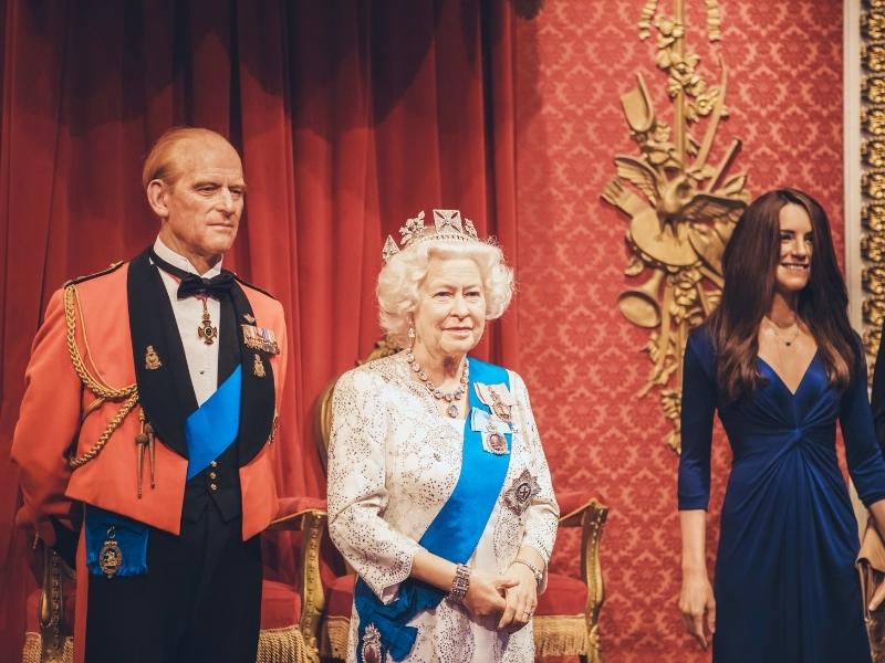 Waxworks of the Queen and the Duchess of Cambridge at Madame Tussauds in London.