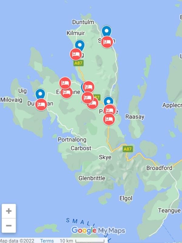 Map showing the main areas and accommodation options on the Isle of Skye.