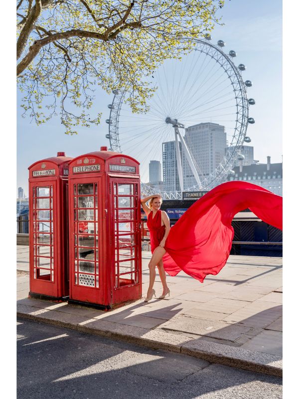 One of the most iconic London telephone booth shots with the London Eye in the background.