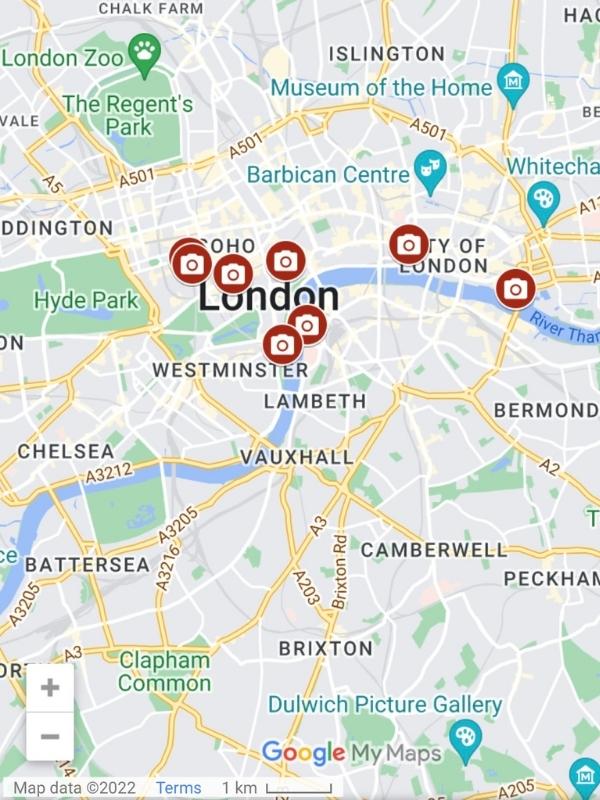 Map showing locations of some of the best located London phone booths