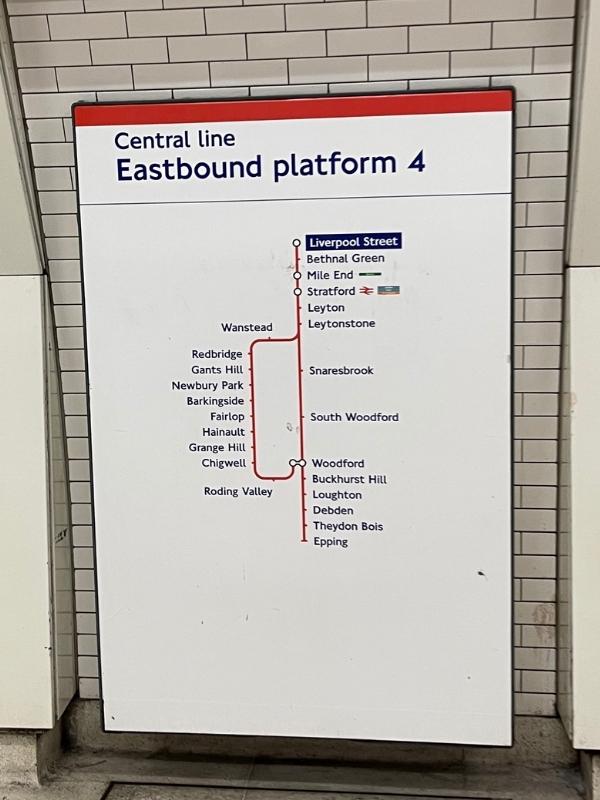 Train map for London Underground Central line Eastbound.