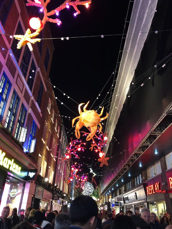 London street with Christmas lights.