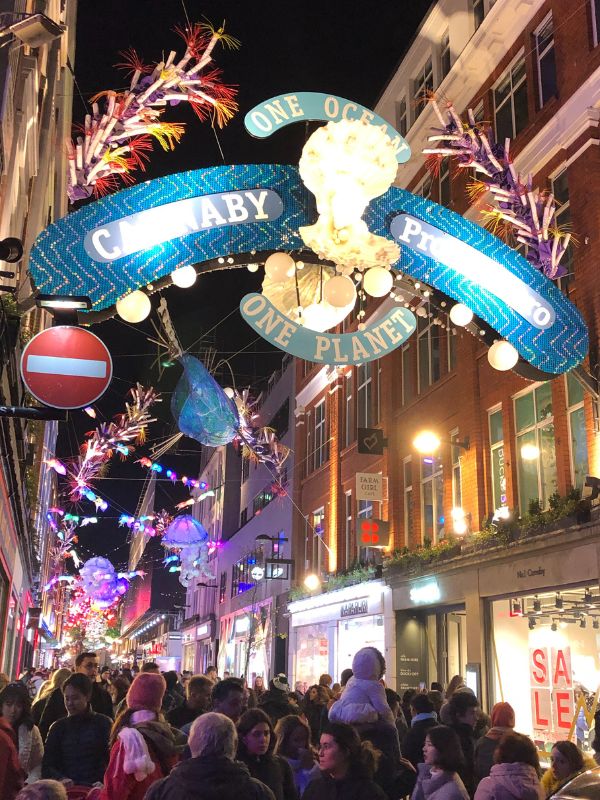 London street with Christmas lights.