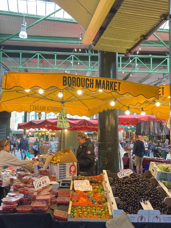 Many of the best food tours in London will take you to Borough Market as seen in this image of a stall at the market.