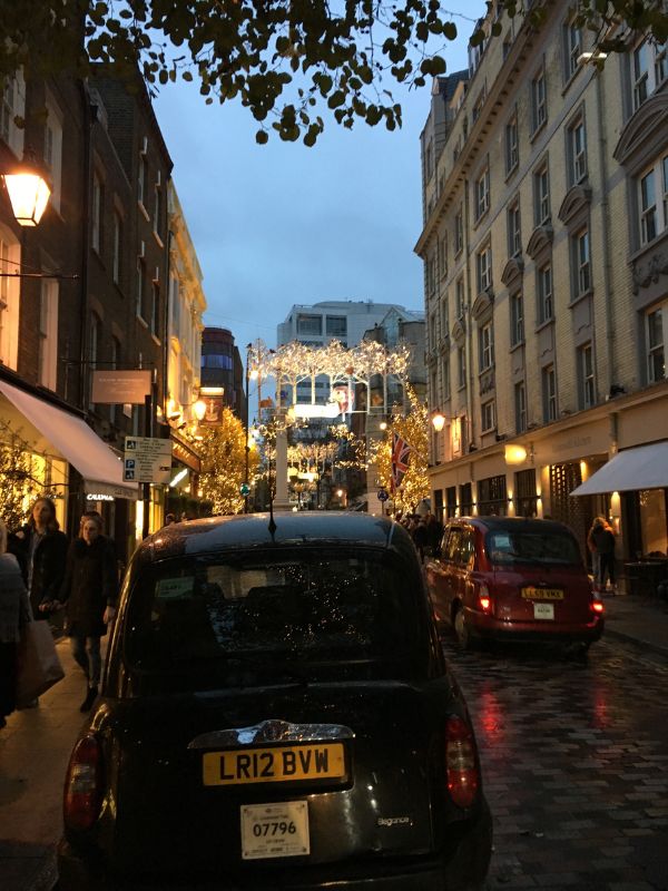 London street with Christmas lights.