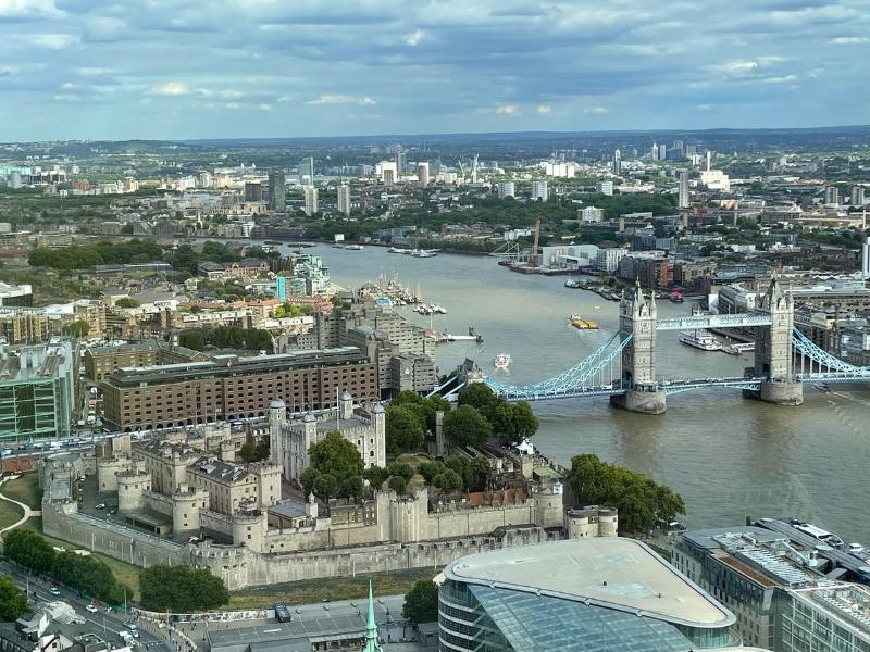 View of Tower Bridge from the Sky Garden in London.