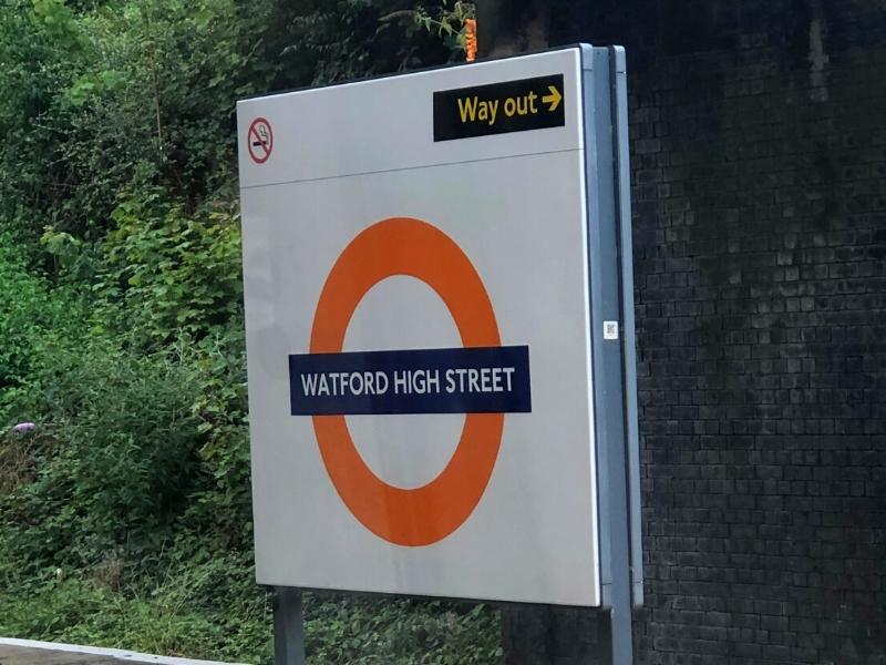 Sign for Watford High Street London Overground Train Station in London.