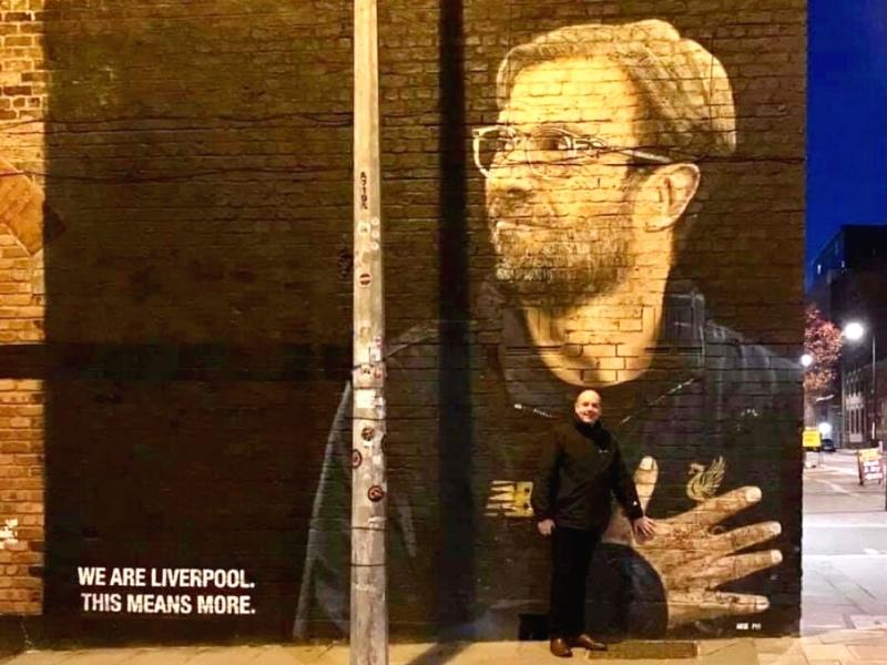 Street art of Jurgen Klopp in Liverpool.