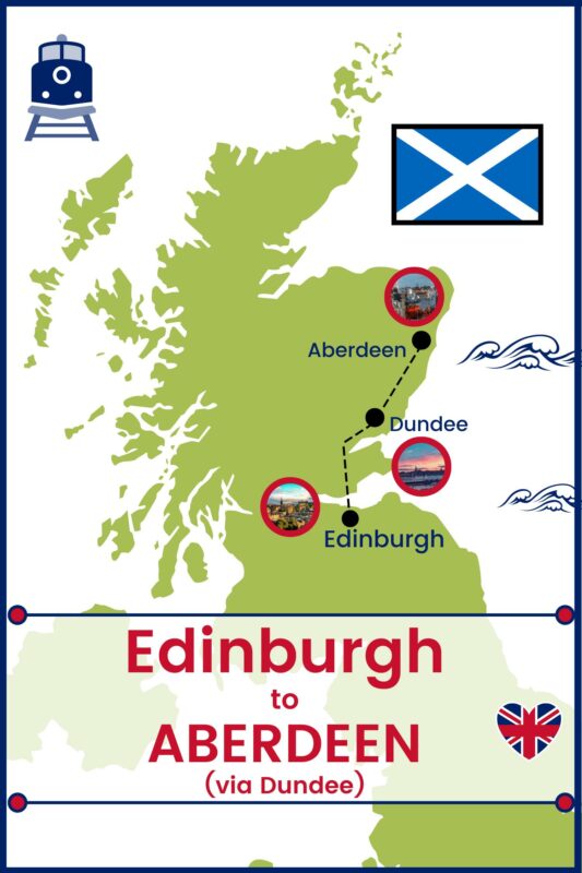 Map showing  train route from Edinburgh to Aberdeen.