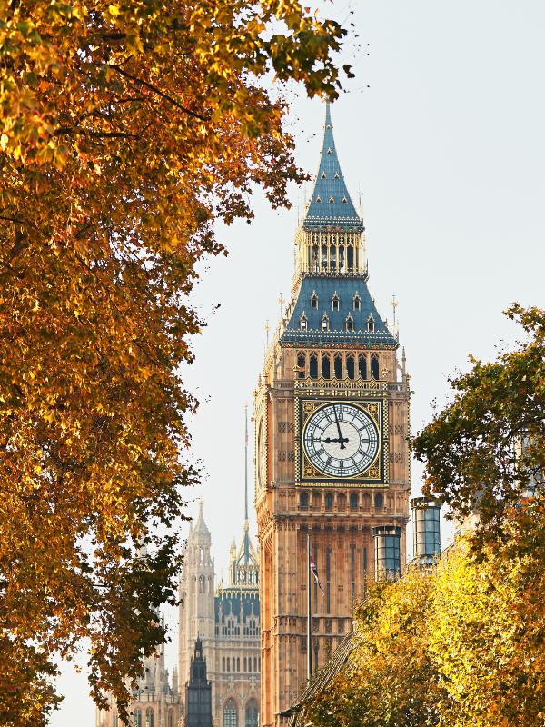 Big Ben in London with autumn leaves on the trees.