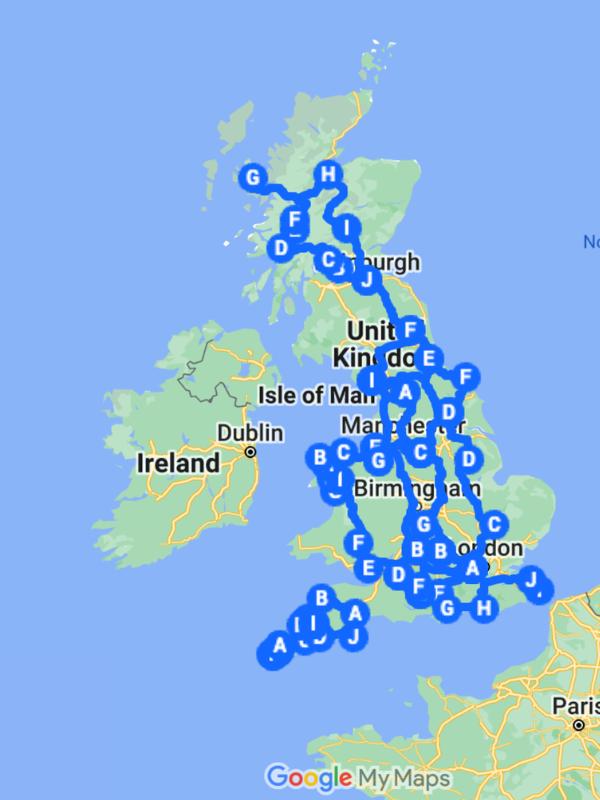 UK Road Trip Itinerary Planner map of routes.