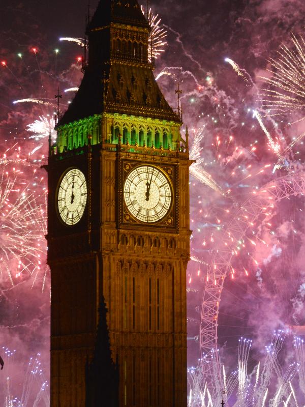New Year's Eve in London Big Ben and fireworks.