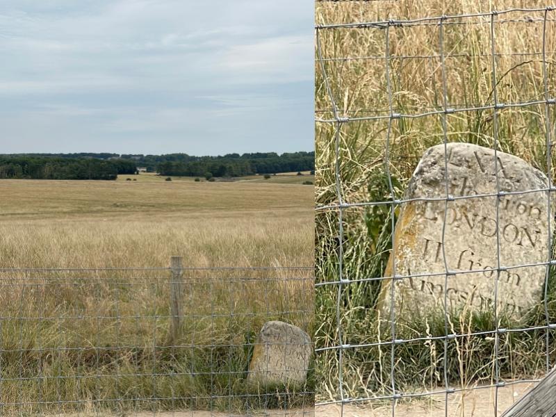Fields around Stonehenge and a marker stone showing the distance to London.