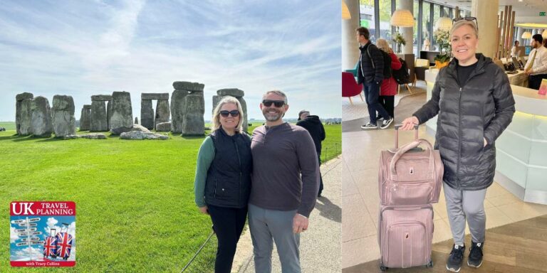 a man and a woman standing in front of Stonehenge