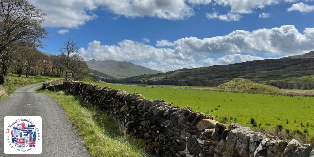 Road with a green field and a stone wall next to it.