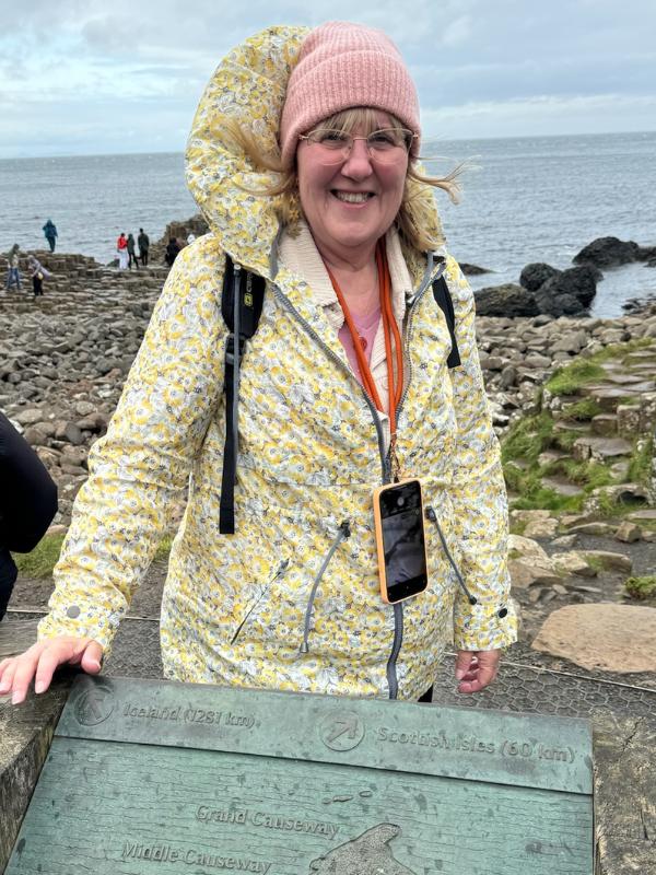 Tracy freezing at Giants Causeway