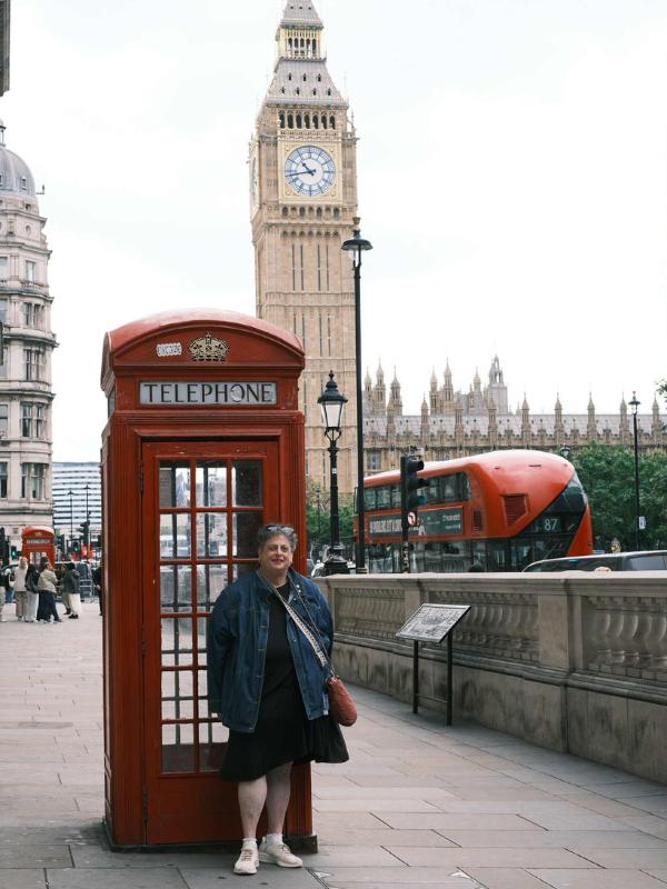 Laura Dilts with Big Ben, red phone box and bus.