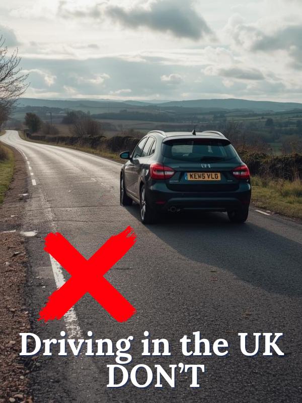 Car driving on the wrong side of the road in the UK.