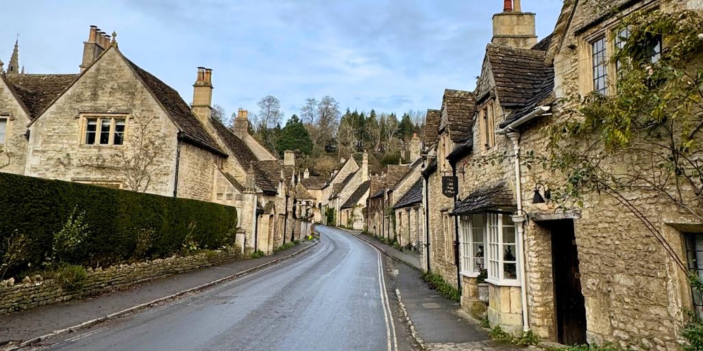 English village with narrow road.