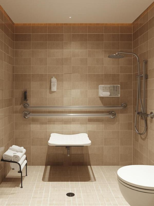 Accessible travel UK — accessible hotel bathroom with grab rails, fold-down shower seat and step-free roll-in shower
