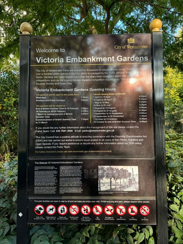 Accessible travel UK — Victoria Embankment Gardens Westminster sign noting DDA compliance and equal access policy for all visitors