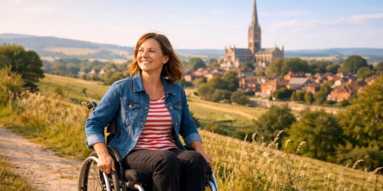 Accessible travel UK โ woman in wheelchair enjoying the British countryside with a cathedral town in the background