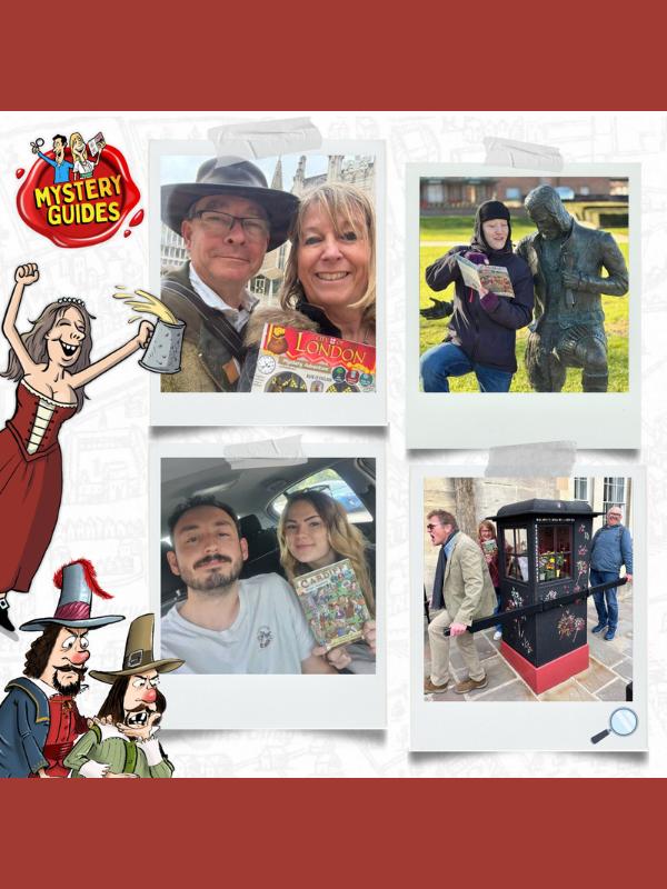 Collage de clientes de Mystery Guides que exploran ciudades del Reino Unido con sus libros de aventuras