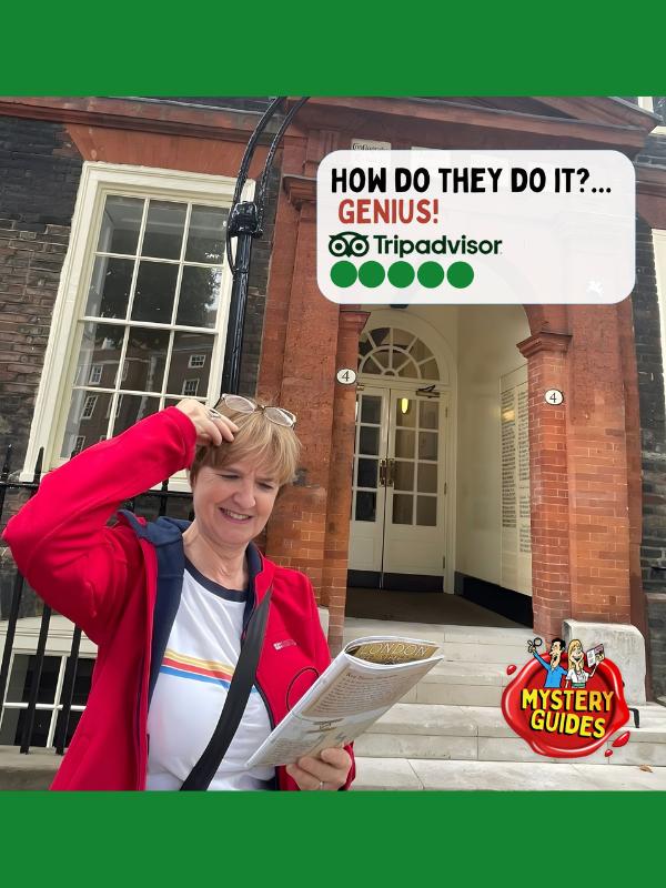 Mujer desconcertada sobre una guía misteriosa en Londres con una reseña de cinco estrellas en Tripadvisor.