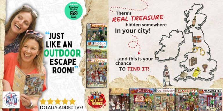 Mystery Guides outdoor escape room adventures across UK cities including Edinburgh, Lincoln, London, Bristol, Canterbury, Cardiff and Manchester — five star Tripadvisor Travellers Choice 2025