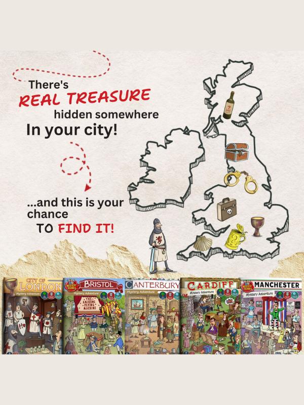 Mapa del Reino Unido que muestra guías misteriosas disponibles en ciudades como Londres, Bristol, Canterbury, Cardiff y Manchester.