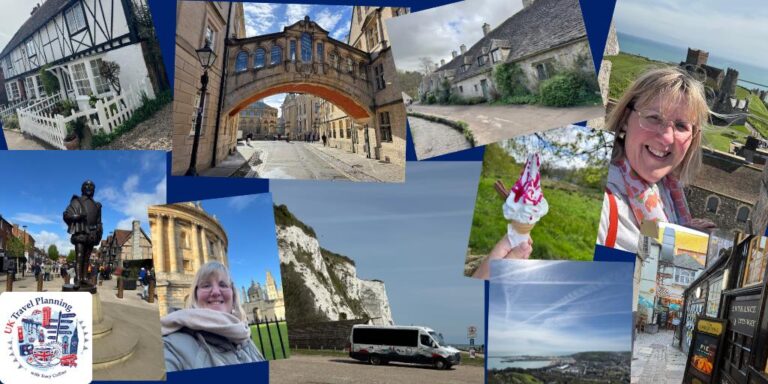 Tracy Collins on the English Bus day tours from London — visiting Stratford-upon-Avon, Oxford, the Cotswolds, the White Cliffs of Dover, Dover Castle and Canterbury